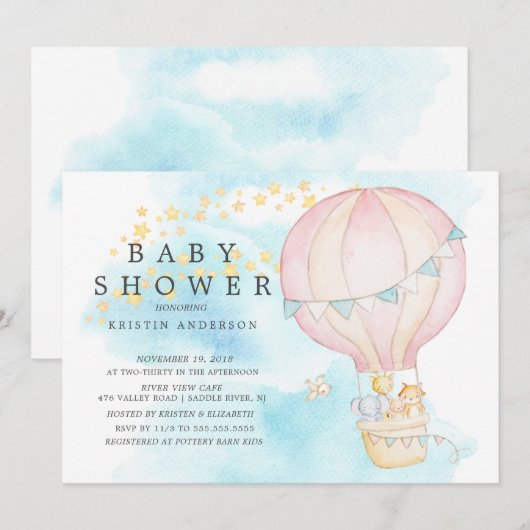 Invitation Bébé Animaux Hot Air Balloon Baby shower à tour (Devant / Derrière)