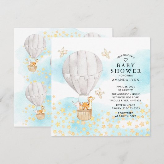 Invitation Bébé Animaux Hot Air Balloon Baby shower à tour (Devant / Derrière)