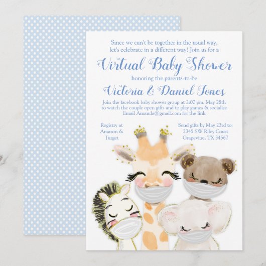 Invitation Bébé Animaux Mask Drive Par Covid Baby shower (Devant / Derrière)