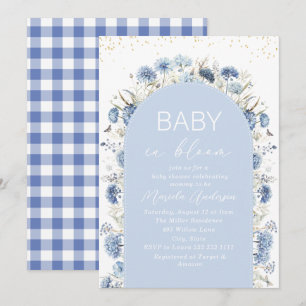 Invitation Bébé aquarelle élégant dans des fleurs bleues Bloo
