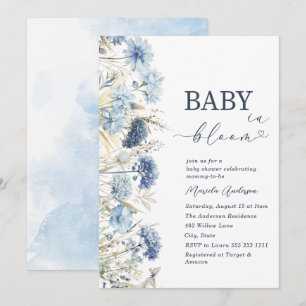 Invitation Bébé aquarelle élégant dans des fleurs bleues Bloo