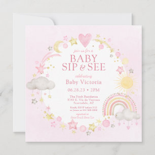 Invitation Bébé Arc-en-ciel Aquarelle Fille Boire Et Voir