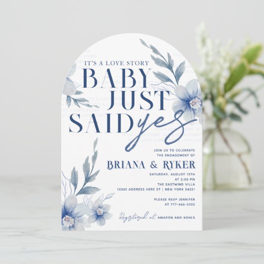 Invitation Bébé arqué vient de dire oui Blanc Fleurs Engageme (Debout devant)