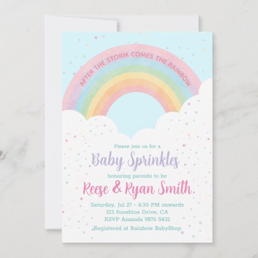 Invitation Bébé arroses Pastel Baby shower arc-en-ciel (Devant)