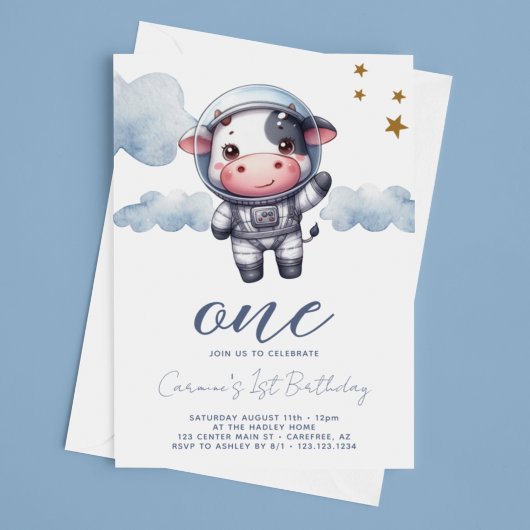 Invitation Bébé astronaute de vache 1er anniversaire