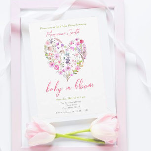 Invitation Bébé au coeur rose fleuri dans le Baby shower en f