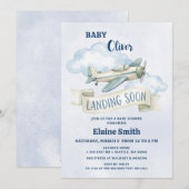 Invitation Bébé avion bleu atterrit bientôt Shower (Devant / Derrière)
