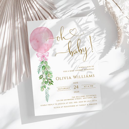 Invitation Bébé Baby shower d'Eucalyptus rose Balloon