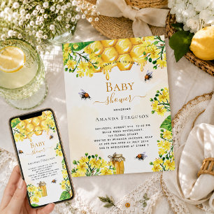 Invitation Bébé Baby shower doré fleurs jaunes mignon