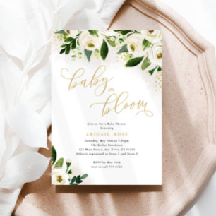 Invitation Bébé baby shower en Fleur Blanc Or Floral