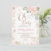 Invitation Bébé Baby shower floral rose Flocon de neige (Debout devant)