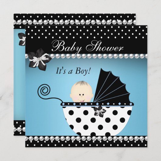 Invitation Bébé Baby shower mignonne Garçon bleu Pram noir (Devant / Derrière)