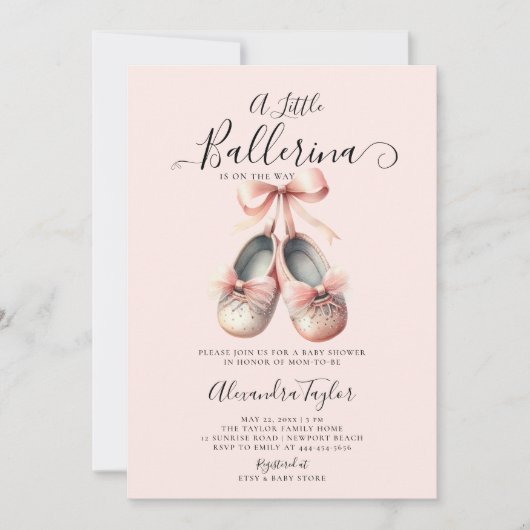 Invitation Bébé Ballerina Chaussures Bow rose Or fille Douche (Devant)