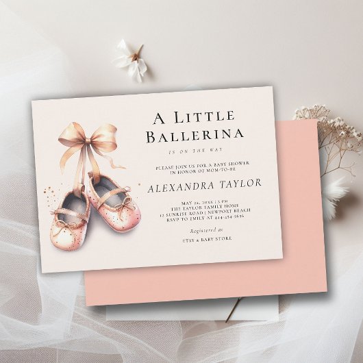 Invitation Bébé Ballerina Chaussures Rose Or Bow Girl Douche