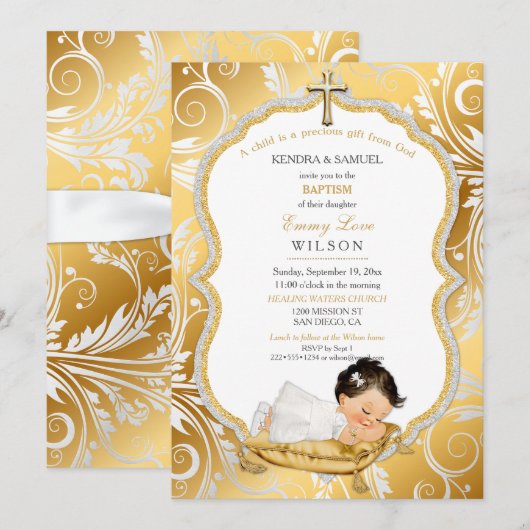 Invitation Bébé Baptême Christening Gold Cross (Devant / Derrière)