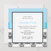 Invitation Bébé Bébé Bleu Douche Garçon Noir et Blanc Damas (Dos)