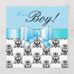 Invitation Bébé Bébé Bleu Douche Garçon Noir et Blanc Damas