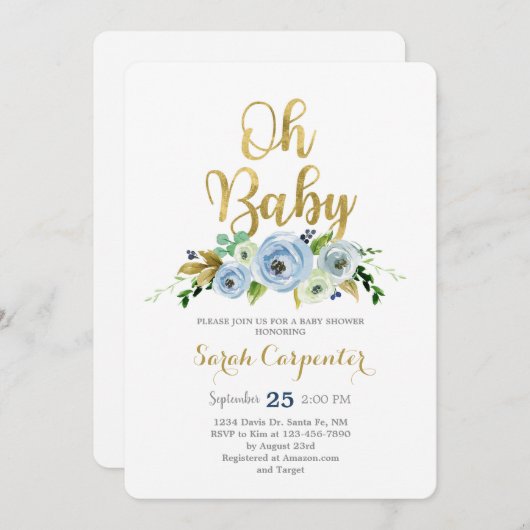 Invitation Bébé bébé bleu fleuri douche de bébé (Devant / Derrière)