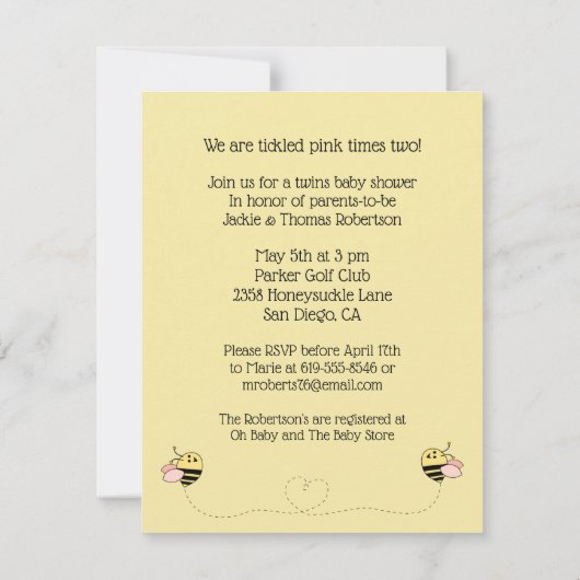 Invitation Bébé Bee Girl Twins (Dos)