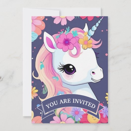 Invitation Bébé blanc adorable licorne avec fleurs (Devant)