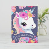 Invitation Bébé blanc adorable licorne avec fleurs (Debout devant)