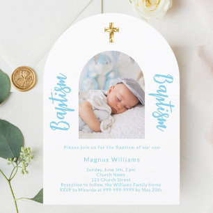Invitation Bébé blanc bleu photo arch script garçon Baptême