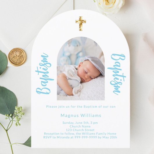Invitation Bébé blanc bleu photo arch script garçon Baptême
