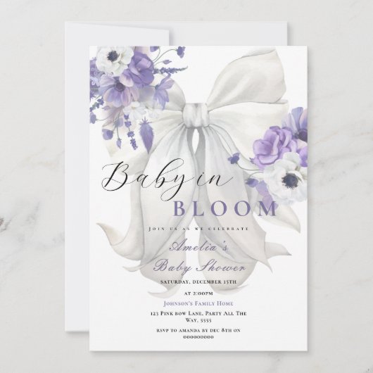 Invitation Bébé blanc en fleur Baby shower floral violet (Devant)