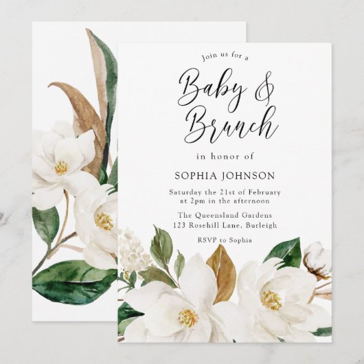 Invitation Bébé blanc floral élégant et Baby shower brunch (Devant / Derrière)