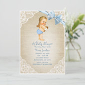 Invitation Bébé blanc Ours et Baby shower Bleu Bow Burlap (Debout devant)