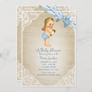 Invitation Bébé blanc Ours et Baby shower Bleu Bow Burlap
