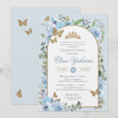 Invitation Bébé Bleu Aquarelle Bouton doré Quinceanera (Devant / Derrière)