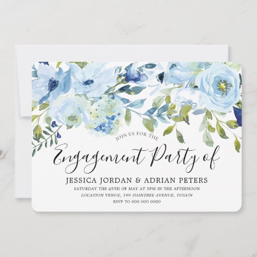 Invitation Bébé bleu aquarelle Fleurs d'engagement (Devant)