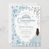 Invitation Bébé bleu aquarelle Floral argent Quinceanera (Devant)