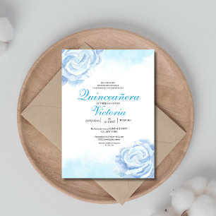 Invitation Bébé Bleu Aquarelle Floral rose Quinceanera