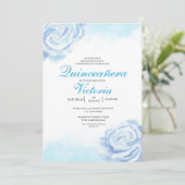 Invitation Bébé Bleu Aquarelle Floral rose Quinceanera (Debout devant)