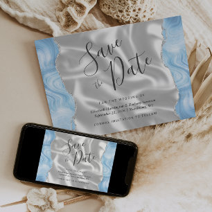 Invitation Bébé Bleu Argent Agate Blanc Soie Enregistrer la D