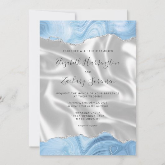 Invitation Bébé Bleu Argent Agate Blanc Soie QR Code Mariage (Devant)