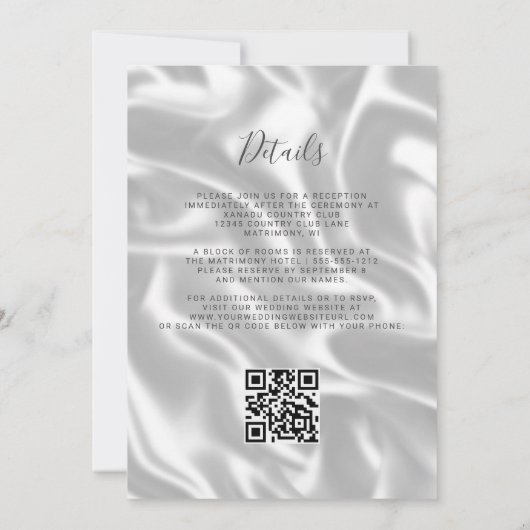 Invitation Bébé Bleu Argent Agate Blanc Soie QR Code Mariage (Dos)