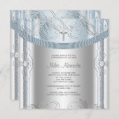 Invitation Bébé Bleu Argent Bébé Christening (Devant / Derrière)