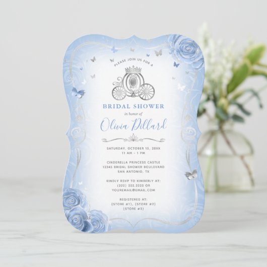 Invitation Bébé Bleu Argent Cendrillon Princesse Fête des mar (Debout devant)