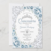 Invitation Bébé Bleu Argent Floral Quinceanera (Devant)