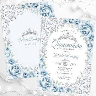 Invitation Bébé Bleu Argent Floral Quinceanera