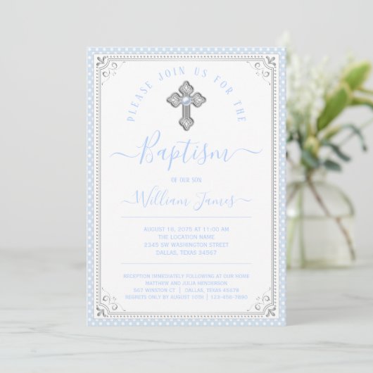 Invitation Bébé bleu Argent Garçon Baptême (Debout devant)