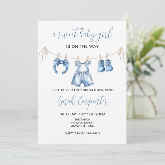 Invitation Bébé bleu Baby shower fille (Debout devant)