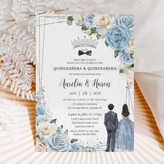 Invitation Bébé Bleu Blanc Floral Twins Garçon fille Quinceañ