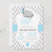 Invitation Bébé bleu, blanc gris éléphant 🐘 Baby shower (Devant)