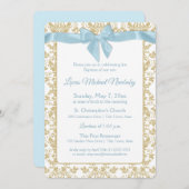 Invitation Bébé Bleu Bow et Or Damask Baptême (Devant / Derrière)