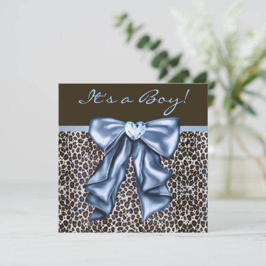 Invitation Bébé Bleu Brown léopard bébé garçon douche (Debout devant)