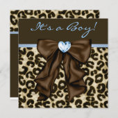 Invitation Bébé Bleu Brown léopard bébé garçon douche (Devant / Derrière)